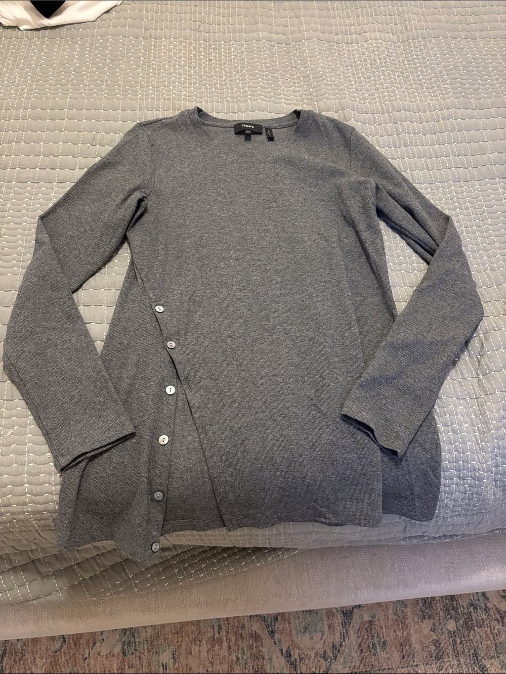 Theory Gray Crewneck Sweater with Side Button Placket